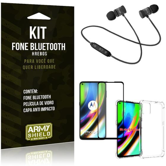 Imagem de Kit Fone Bluetooth Hrebos Moto G9 Plus + Capa Anti Impacto + Película Vidro 3D - Armyshield