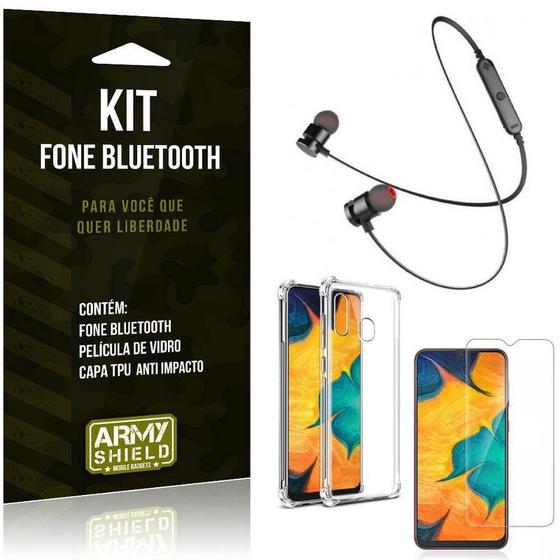 Imagem de Kit Fone Bluetooth Sport 901 Galaxy A30 Fone + Capinha Anti Impacto + Película de Vidro - Armyshield
