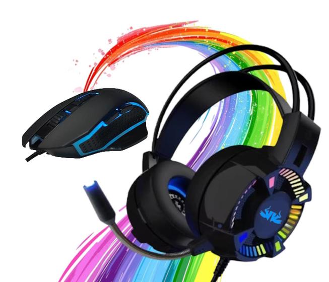 Imagem de Kit Fone de Ouvido Com Microfone Headset Gamer e Mouse Ergonomico Gamer Led RGB Rainbow  PC Notebook Smartphone Celular - Knup