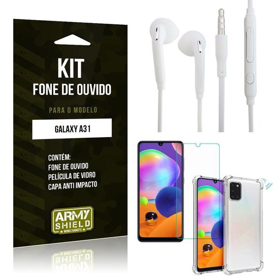 Imagem de Kit Fone de Ouvido Galaxy A31 Fone + Capa Anti Impacto + Película Vidro - Armyshield
