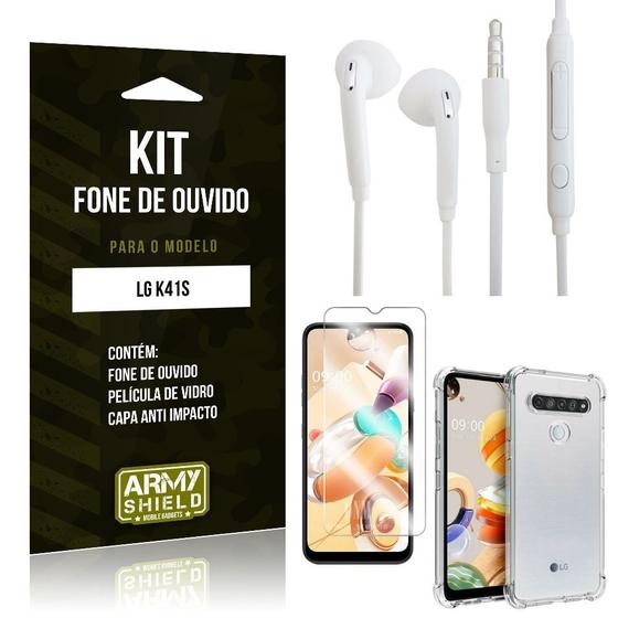 Imagem de Kit Fone de Ouvido LG K41s Fone + Capa Anti Impacto + Película Vidro - Armyshield