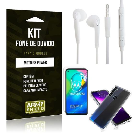 Imagem de Kit Fone de Ouvido Moto G8 Power Fone + Capa Anti Impacto + Película Vidro - Armyshield