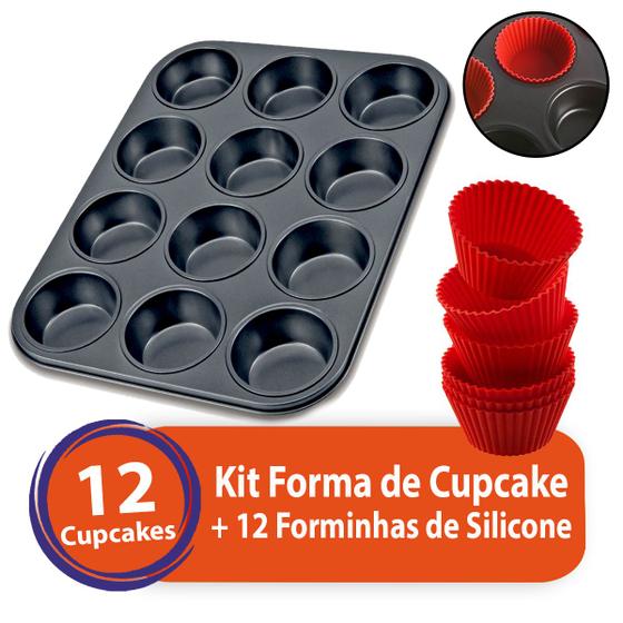Imagem de Kit Forma Assadeira Cupcake + 12 Forminhas Silicone Antiaderente Empada Pão Queijo Não Gruda Reutilizável Não Quebra