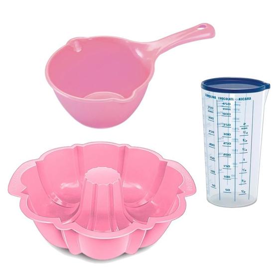 Kit Forma para Pudim 23cm + Panelinha Confeiteiro Rosa + Copo Medidor 1,1l Injetemp Menor preço em Kit Forma para Pudim 23cm + Panelinha Confeiteiro Rosa + Copo Medidor 1,1l Injetemp