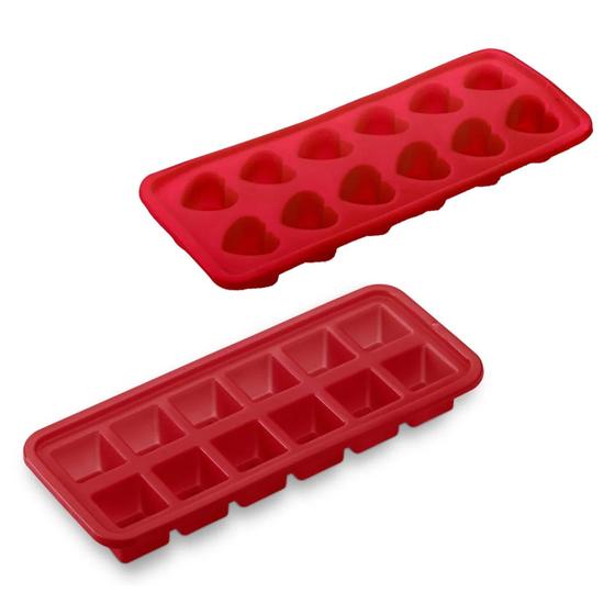 Imagem de Kit Forminhas de Silicone Antiaderente 12 Cubos Vermelho e Forminha de Coração Fácil de Limpar Flexível para Freezer