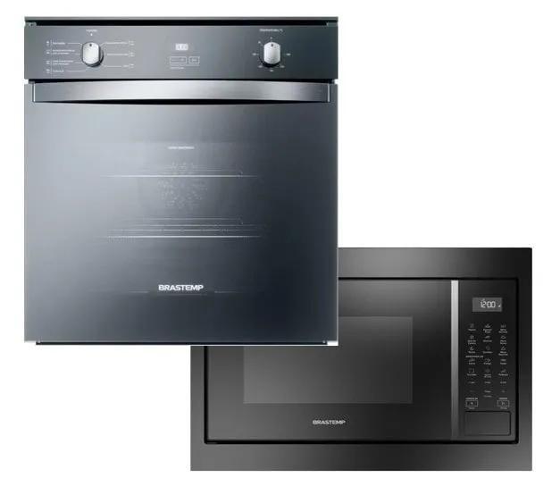 Imagem de               Kit Forno Elétrico 84 Litros Brastemp Inox Espelhado 2 Prateleiras Ajustáveis+ Micro-ondas 32 Litros Preto 220V Função Descongelar