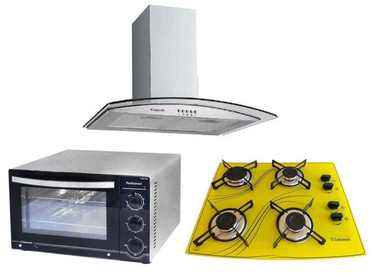 Imagem de Kit Forno Elétrico Bancada Inoc Cooktop 4Q Amarelo Coifa 60cm Safanelli