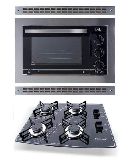 Kit Forno Embutir Inox 45L Cooktop 4 Bocas Preto Safanelli Menor preço em Kit Forno Embutir Inox 45L Cooktop 4 Bocas Preto Safanelli