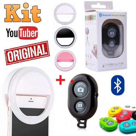 Imagem de Kit Foto Luz Led Flash Ring Light Clip Anel Recarregável + Controle Disparador Bluetooth Celular Selfie