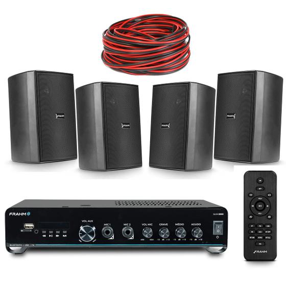 Imagem de Kit Frahm Som Ambiente Amplificador Slim 2000 Bluetooth 4 Caixas Ps200 Pretas