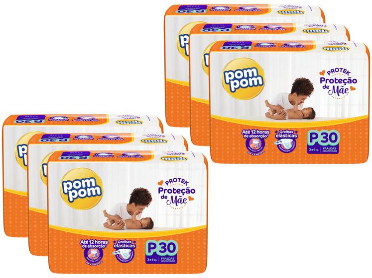 Kit Fralda Pom Pom Fisher-Price Derma Protek - Tam. P 3 a 6kg 6 Pacotes com 30 Unidades Cada - Fralda Descartável - Magazine Cbeneficio