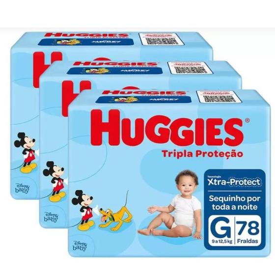 Imagem de Kit Fraldas Huggies Tripla Proteção Tam. G - 9 a 12,5kg 3 Pacotes com 78 Unidades Cada
