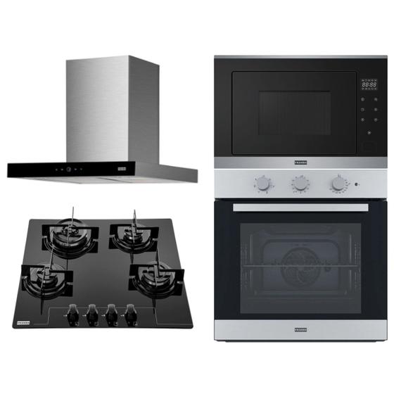 Imagem de Kit franke coifa parede 60cm, cooktop glass gás 16069, forno elétrico 71l e forno microondas 220v