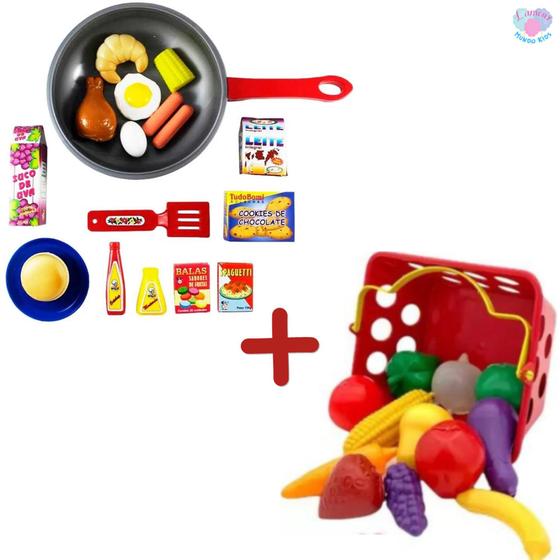 Imagem de Kit frigideira com comidinhas mais cestinha de frutas e legumes brinquedo de cozinha infantil