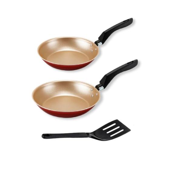 Imagem de Kit Frigideira Francesa 18cm e 22cm com Espátula Cereja com Dourado  Alumi-Aço Linha Premium J4TECH Alumínio Antiaderente Teflon Ultra Resistente 
