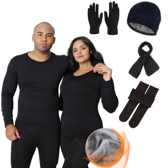 Imagem de Kit Frio Blusa + Calça Térmica Touca Meia Luva CachecolEsquenta Rápido Inverno KIT-INV01