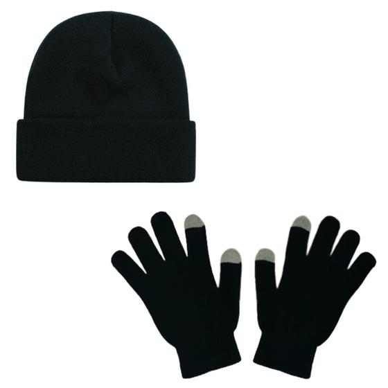 Imagem de Kit frio inverno touca gorro e par de luvas com touch p/cel