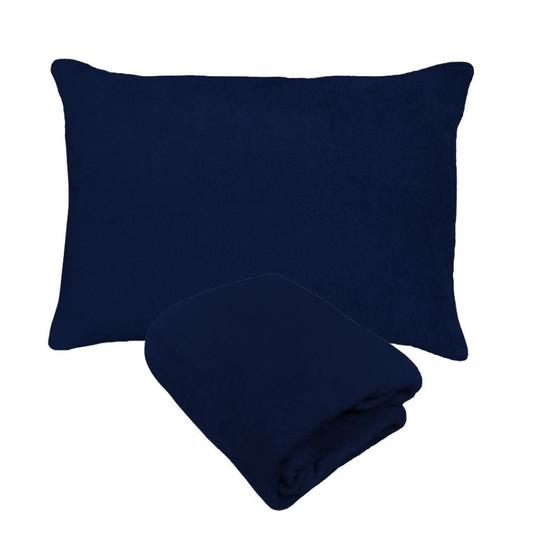 Imagem de Kit Fronha e Lençol Elástico Solteiro 1,20m Viúva Plush Microfibra Fleece Azul Marinho Arrumadinho