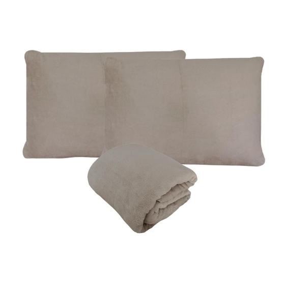 Imagem de Kit Fronhas e Lençol com Elástico King Plush Microfibra Fleece Bege Arrumadinho Enxovais