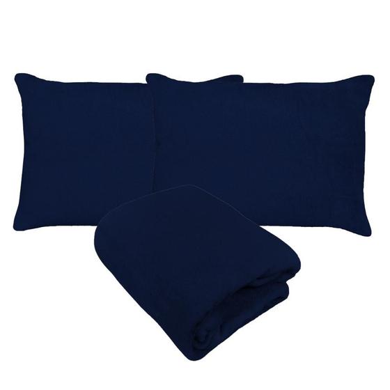 Imagem de Kit Fronhas e Lençol com Elástico Queen Plush Microfibra Fleece Azul Marinho Arrumadinho Enxovais