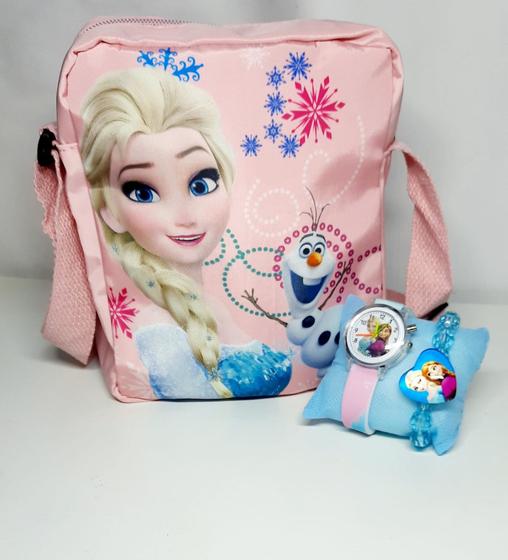 Imagem de Kit Frozen (Disney)  Relógio Flash Luz, Bolsa Tiracolo e Pulseira da Elsa e da Anna.