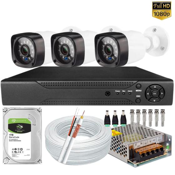 Imagem de Kit Full Hd Com Dvr 8 Canais Acesso Internet P2p e Hd 1TB + 3 Câmeras Segurança 1080p 2mp