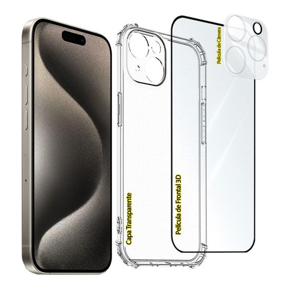 Imagem de Kit Full Proteção iPhones 15 Todos os Modelos  + Película Frontal 3D + Película de Câmera Novidade
