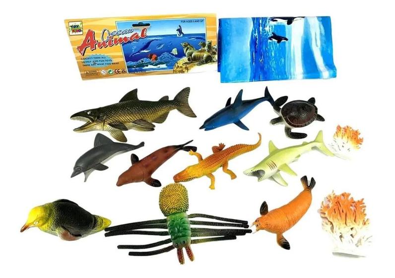 Imagem de Kit Fundo Do Oceano Brinquedo 12 Animais Peixe Tartaruga Foca.