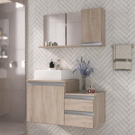 Imagem de Kit gabinete banheiro completo - armário + cuba + espelheira cross 80cm madeirado inteiro