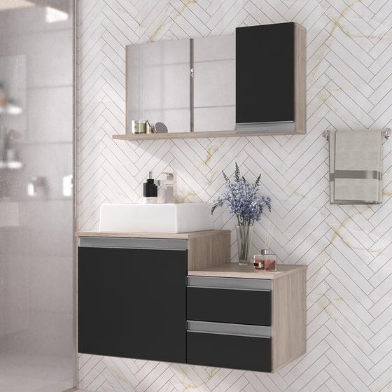 Imagem de Kit gabinete banheiro completo - armário + cuba + espelheira cross 80cm madeirado/preto