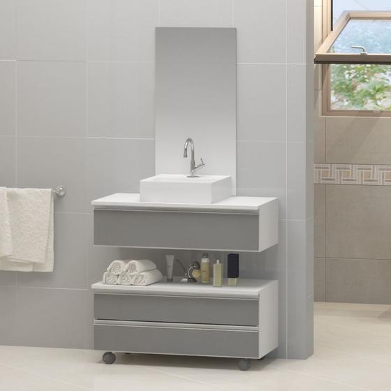 Imagem de Kit gabinete banheiro creta 80cm + cuba sobrepor + espelho branco/cinza