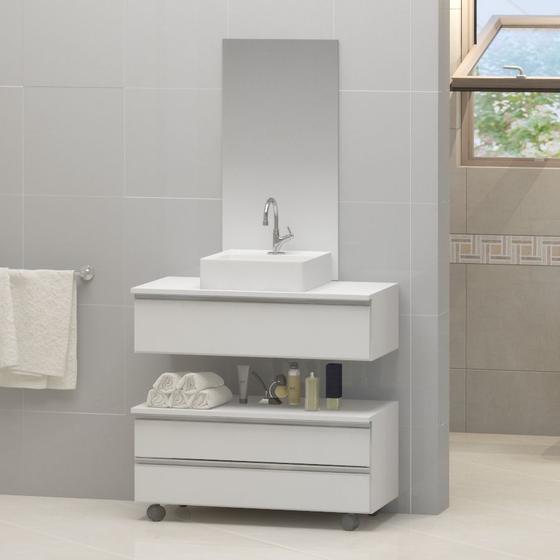 Kit gabinete banheiro creta 80cm + cuba sobrepor + espelho branco inteiro Menor preço em Kit gabinete banheiro creta 80cm + cuba sobrepor + espelho branco inteiro