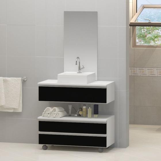 Imagem de Kit gabinete banheiro creta 80cm + cuba sobrepor + espelho branco / preto