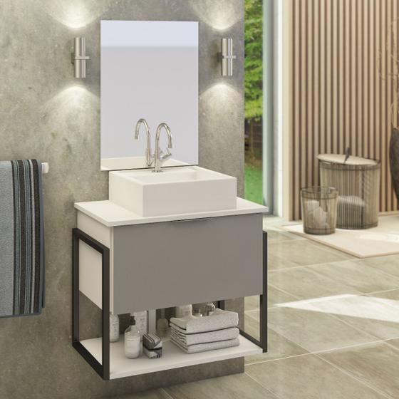 Imagem de Kit Gabinete Banheiro Industrial TECH 60cm Branco/ Cinza (gabinete + cuba branca + espelho + ferragem)