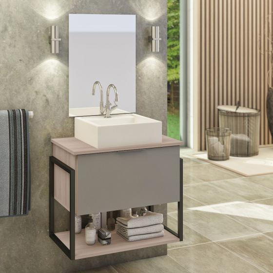 Imagem de Kit Gabinete Banheiro Industrial TECH 60cm Madeirado/ Cinza (gabinete + cuba branca + espelho + ferragem)