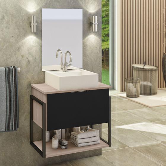 Imagem de Kit Gabinete Banheiro Industrial TECH 60cm Madeirado/ Preto (gabinete + cuba branca + espelho + ferragem)