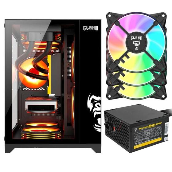 Imagem de Kit Gabinete Gamer Grodd Clanm Suporta Até 5 Fans e Water Cooler Vidro  Temperado Com Ótima Ventilação + 3 Unid Fan Eurus Rgb + Fonte Atom 400W ATX