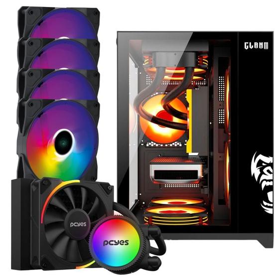 Imagem de Kit Gabinete Gamer Grodd Clanm Suporta Water Cooler Com Vidro  Temperado + 4 Unid Cooler Fan Led Fixo 5 Cores 120mm + Water Cooler Sangue Frio Argb  120mm Tdp 200W