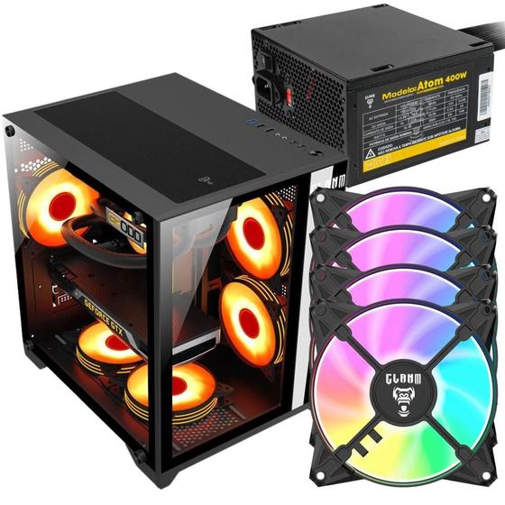 Imagem de Kit Gabinete Gamer Grodd Com Vidro Temperado Suporta Water Cooler e  Até 5 Ventoinhas + Fonte Atom 400W ATX + 4 Unid Fan Rgb Eurus