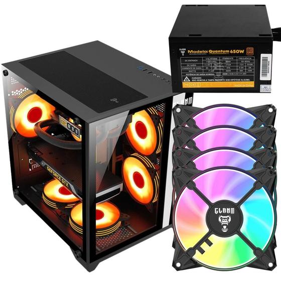 Imagem de Kit Gabinete Gamer Grodd Suporta e Water Cooler Vidro Temperado Com Ótima Ventilação + 4 Unid Fan Eurus Rgb + Fonte Quantum 650W ATX