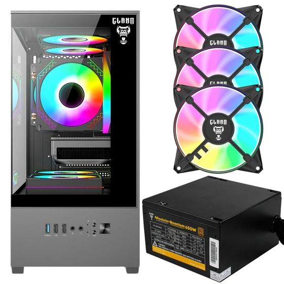 Imagem de Kit Gabinete Gamer Megalon Clanm Com Vidro Temperado Suporta Cooler de  CPU 5 Ventoinhas + Fonte Quantum 650W ATX + 3 Unid Fans Rgb