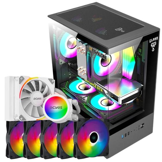 Imagem de Kit Gabinete Gamer Megalon Mid Tower Suporta Até 5 Fans e Water Cooler +  5 Unid Cooler Fan Led Fixo 5 Cores 120mm + Water Cooler Sangue Frio 120mm Tdp 200W  Argb