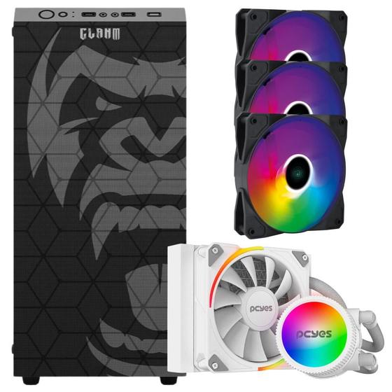 Imagem de Kit Gabinete Gamer Zilla Com Vidro Temperado Suporta Water Cooler + Water  Cooler White Ghost Tdp 200W Argb + 3 Unid Cooler Fan V.Ring Led Fixo 5 Cores