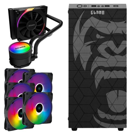 Imagem de Kit Gabinete Gamer Zilla Mid Tower Suporta Até 6 Fans e Water Cooler + 5  Unid Cooler Fan Led Fixo 5 Cores 120mm + Water Cooler 120mm Tdp 200W Pcyes Argb