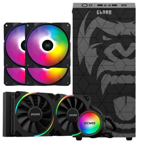 Imagem de Kit Gabinete Gamer Zilla Suporta Até 6 Fans e Water Cooler Com Vidro  Temperado + Water Cooler Pcyes 240mm Tdp 250W + 4 Unid Cooler Fan Led Fixo 5 Cores  120mm