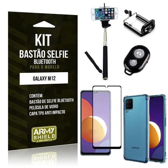 Imagem de Kit Galaxy M12 Bastão de Selfie Bluetooth + Capinha Anti Impacto + Película Vidro 3D - Armyshield