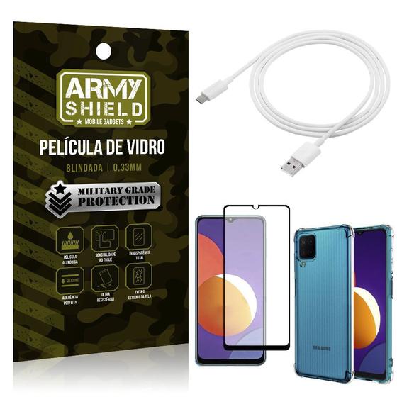 Imagem de Kit Galaxy M12 Cabo USB Tipo C 2m + Capa Anti Impacto + Película Vidro 3D - Armyshield