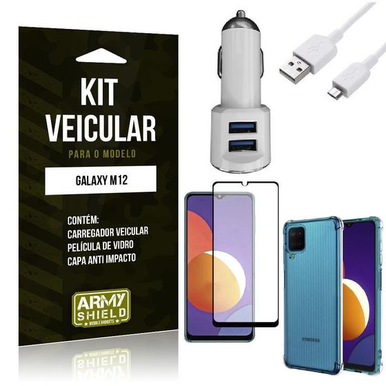 Imagem de Kit Galaxy M12 Carregador Veicular Tipo C + Capa Anti Impacto + Película Vidro 3D - Armyshield