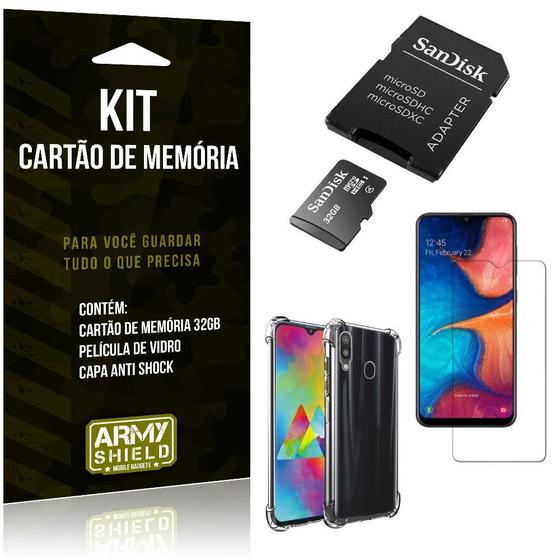 Imagem de Kit Galaxy M20 Cartão Memória 32 GB + Capinha Antishock + Película Vidro - Armyshield