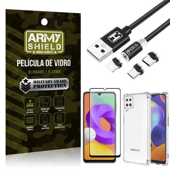 Imagem de Kit Galaxy M22 Cabo Magnético 2 Metros + Capinha + Película 3D - Armyshield